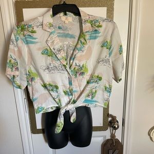 Girl soul crop top tie front short sleeve button up size L